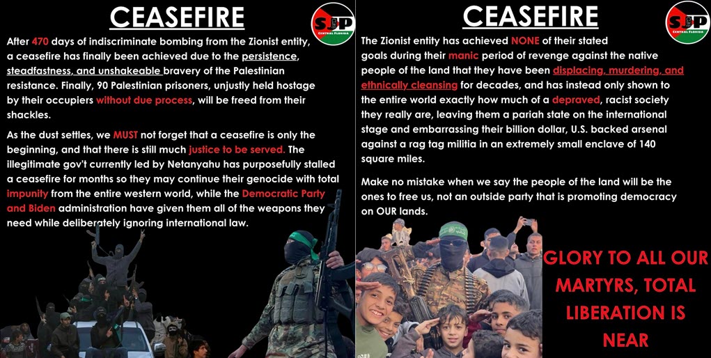 Screenshots of a statement by Central Florida SJP featuring praise for and images of Hamas terrorists